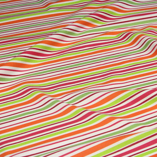 Tissu Bayadère de coton aux rayures oranges, rouges et roses, fond blanc - TissusPapi.com