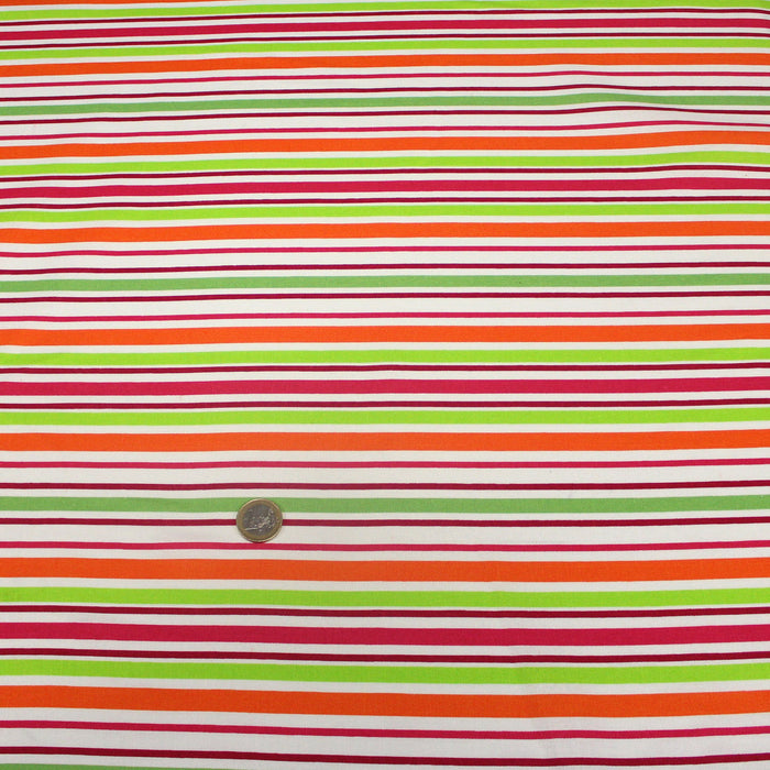 Tissu Bayadère de coton aux rayures oranges, rouges et roses, fond blanc