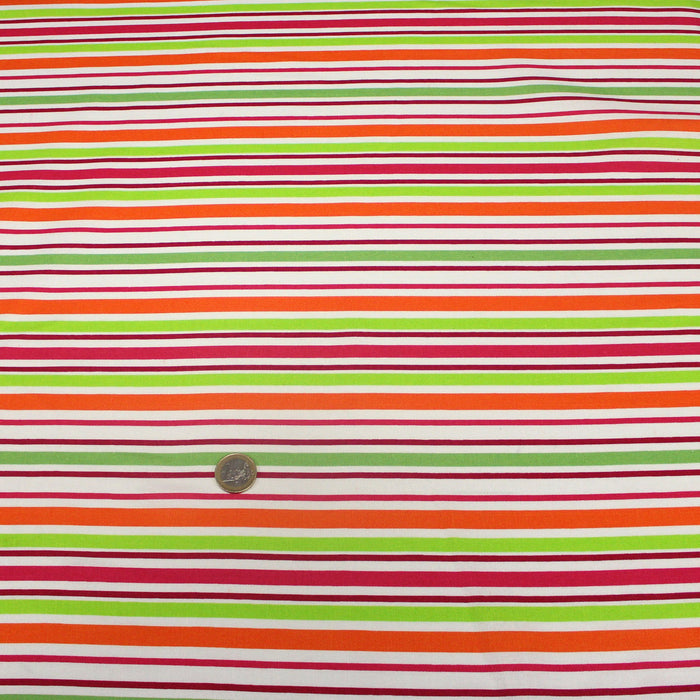 Tissu Bayadère de coton aux rayures oranges, rouges et roses, fond blanc - TissusPapi.com