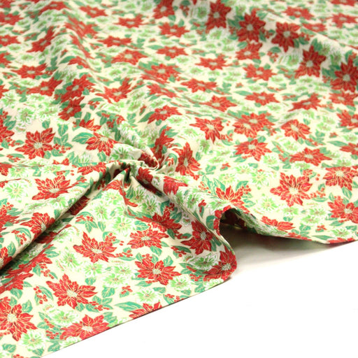 Tissu coton NOËL écru aux fleurs blanches et rouges, touches dorées - OEKO - TEX - TissusPapi.com