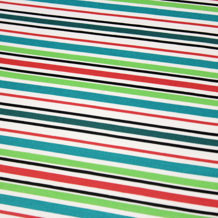 Tissu Bayadère de coton aux rayures vertes, rouges et noires, fond blanc - TissusPapi.com
