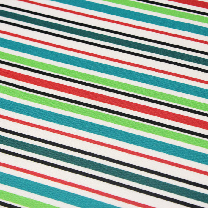 Tissu Bayadère de coton aux rayures vertes, rouges et noires, fond blanc - TissusPapi.com