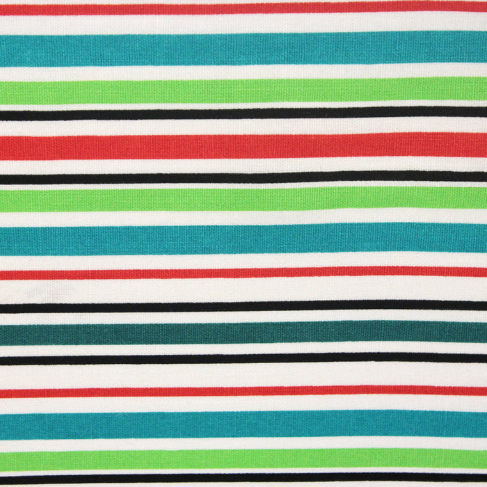 Tissu Bayadère de coton aux rayures vertes, rouges et noires, fond blanc - TissusPapi.com