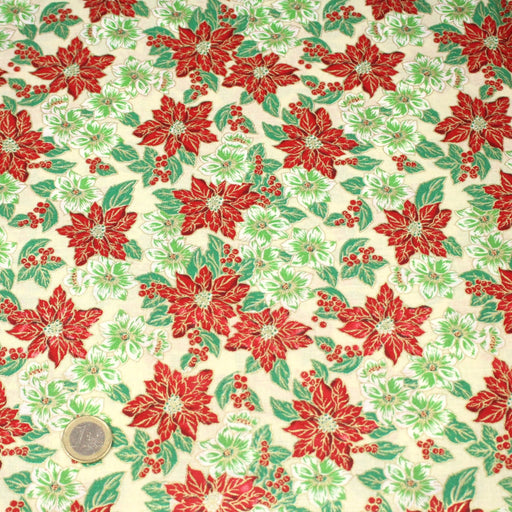 Tissu coton NOËL écru aux fleurs blanches et rouges, touches dorées - OEKO - TEX - TissusPapi.com