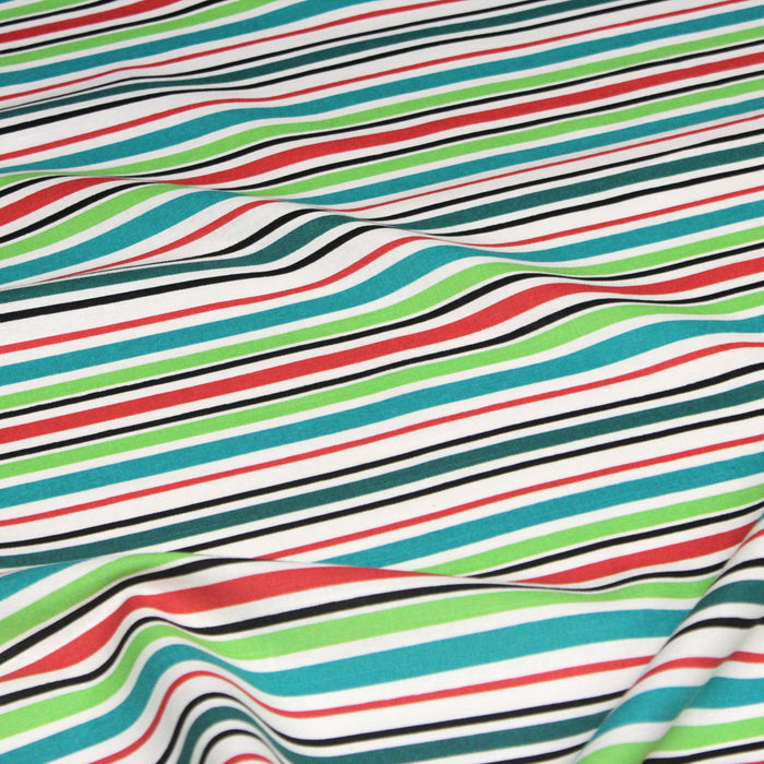 Tissu Bayadère de coton aux rayures vertes, rouges et noires, fond blanc - TissusPapi.com