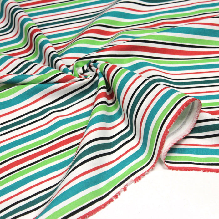 Tissu Bayadère de coton aux rayures vertes, rouges et noires, fond blanc - TissusPapi.com