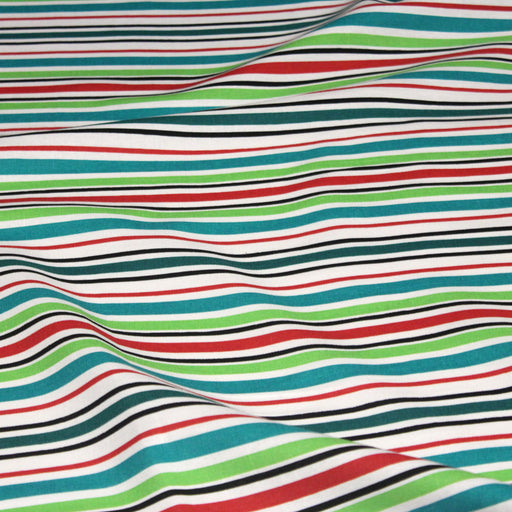 Tissu Bayadère de coton aux rayures vertes, rouges et noires, fond blanc - TissusPapi.com