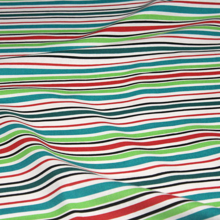 Tissu Bayadère de coton aux rayures vertes, rouges et noires, fond blanc - TissusPapi.com