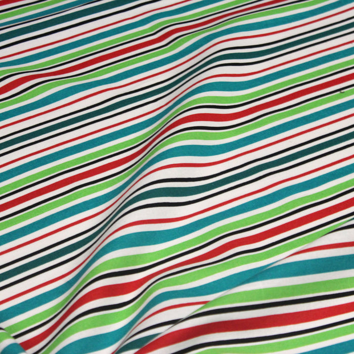 Tissu Bayadère de coton aux rayures vertes, rouges et noires, fond blanc - TissusPapi.com