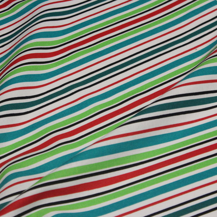 Tissu Bayadère de coton aux rayures vertes, rouges et noires, fond blanc - TissusPapi.com