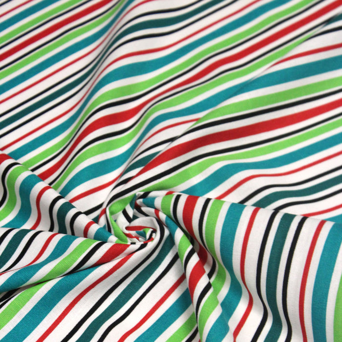 Tissu Bayadère de coton aux rayures vertes, rouges et noires, fond blanc - TissusPapi.com