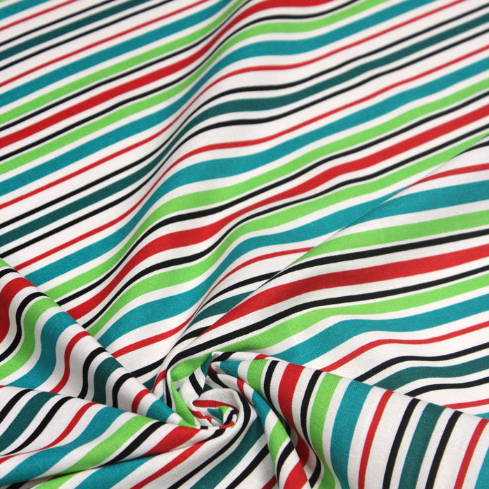 Tissu Bayadère de coton aux rayures vertes, rouges et noires, fond blanc - TissusPapi.com