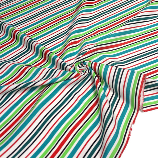 Tissu Bayadère de coton aux rayures vertes, rouges et noires, fond blanc - TissusPapi.com