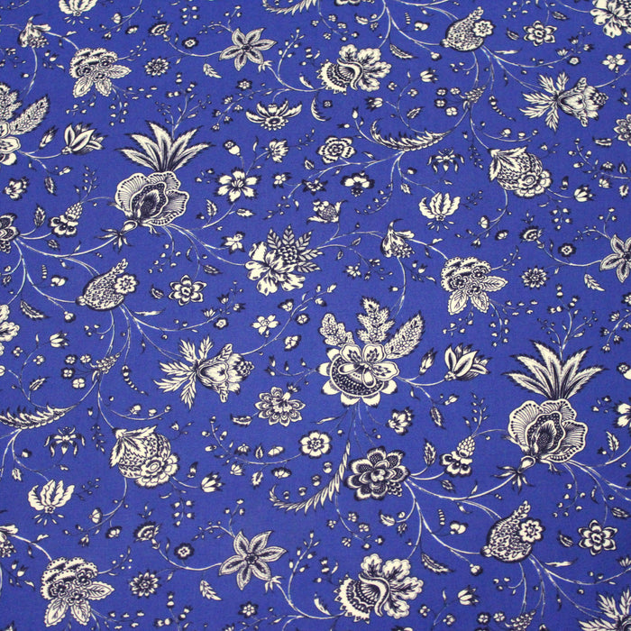 Tissu viscose fluide bleu roi aux fleurs noires et blanches - COLLECTION KALAMKARI - OEKO-TEX