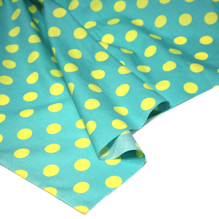 Tissu cotonnade bleu vert aux pois jaunes 18mm