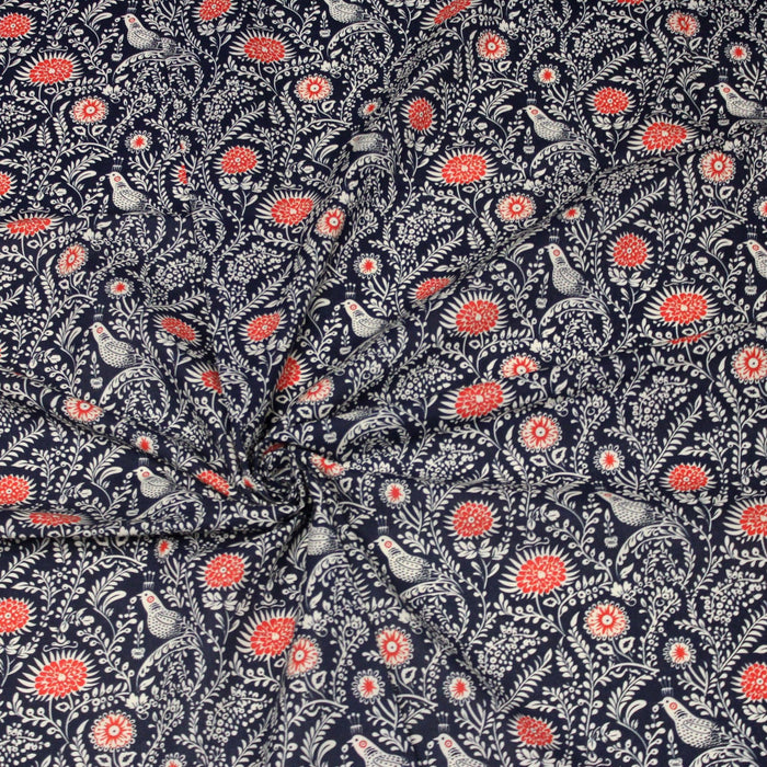 Tissu INDIENNES cotonnade fleurie bleu marine aux feuillage et oiseaux écrus et rouges - TissusPapi.com