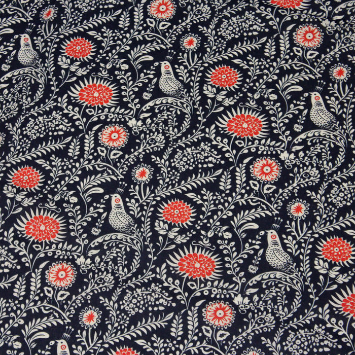 Tissu cotonnade bleu marine aux feuillage et oiseaux écrus et rouges - COLLECTION KALAMKARI