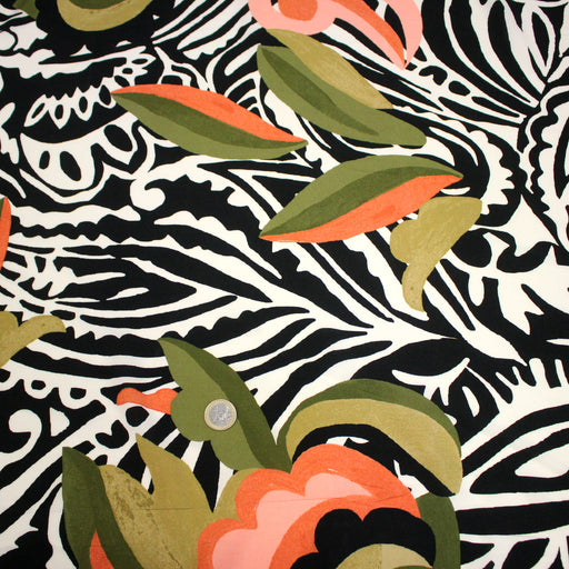 Tissu viscose fluide COMPORTA, motif graphique noir blanc, fleuri vert rose corail - Fabrication française - TissusPapi.com