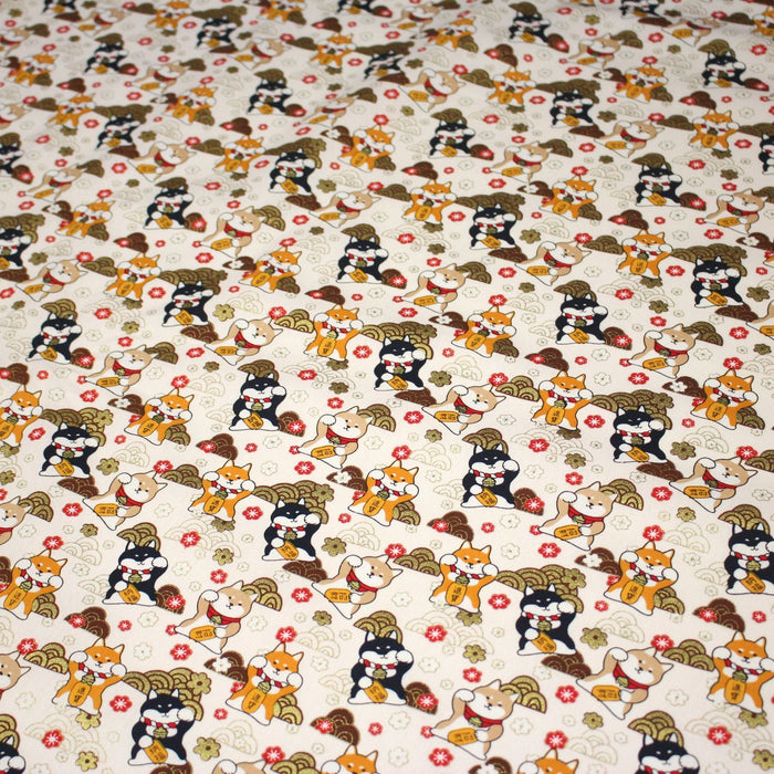 Tissu cotonnade chiens Shiba japonais & motifs dorés - COLLECTION JAPON DORÉ - TissusPapi.com