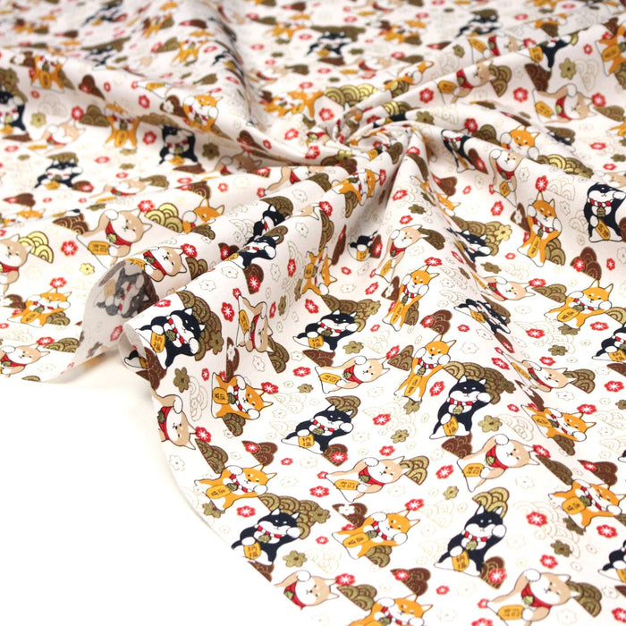 Tissu cotonnade chiens Shiba japonais & motifs dorés - COLLECTION JAPON DORÉ - TissusPapi.com