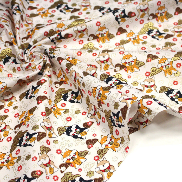 Tissu cotonnade chiens Shiba japonais & motifs dorés - COLLECTION JAPON DORÉ - TissusPapi.com