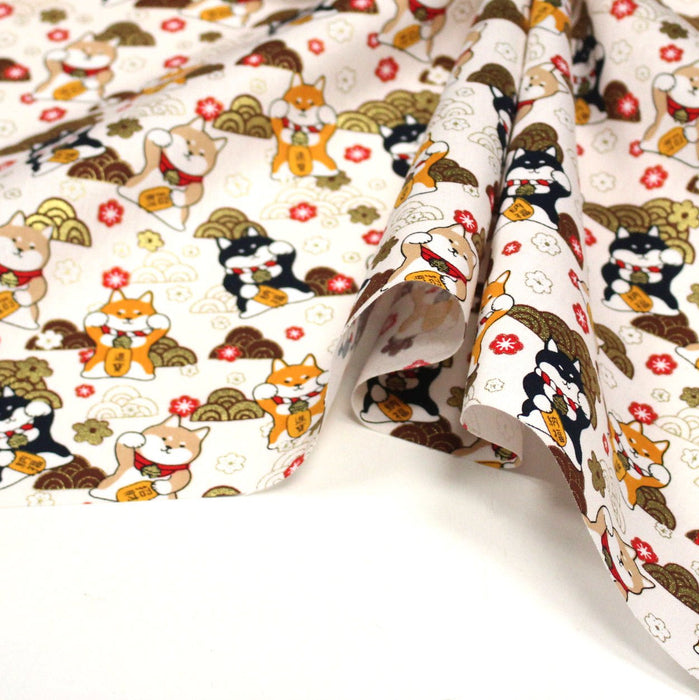 Tissu cotonnade chiens Shiba japonais & motifs dorés - COLLECTION JAPON DORÉ - TissusPapi.com