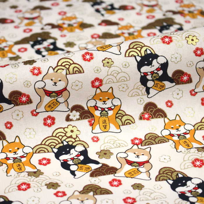 Tissu cotonnade chiens Shiba japonais & motifs dorés - COLLECTION JAPON DORÉ - TissusPapi.com