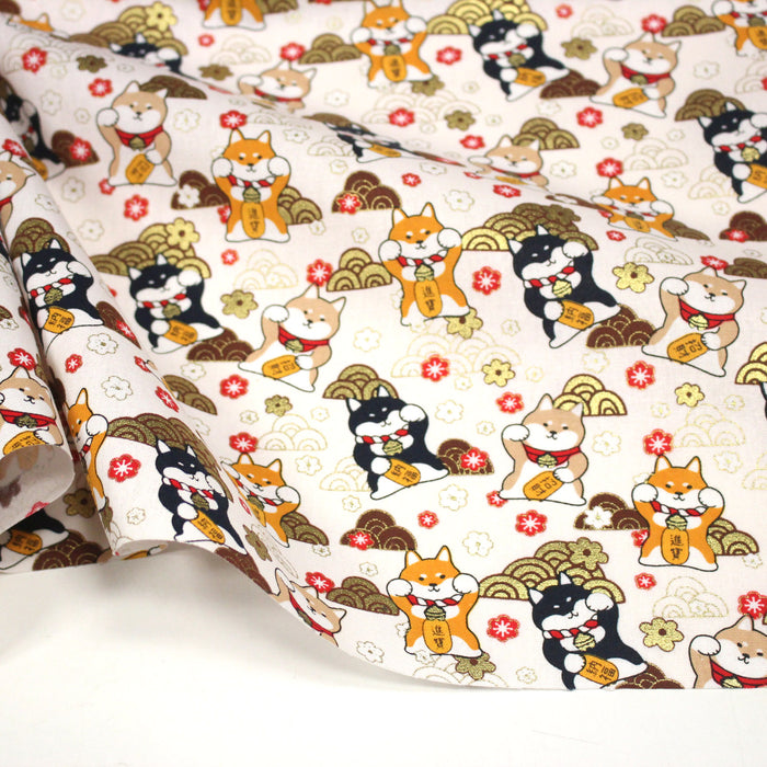 Tissu cotonnade chiens Shiba japonais & motifs dorés - COLLECTION JAPON DORÉ - TissusPapi.com