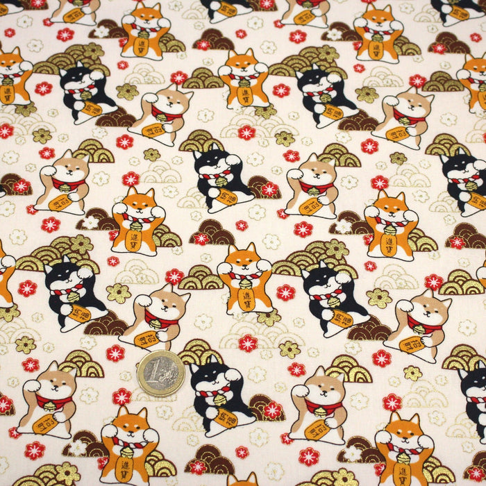 Tissu cotonnade chiens Shiba japonais & motifs dorés - COLLECTION JAPON DORÉ - TissusPapi.com