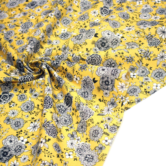 Tissu SIRACUSA coton imprimé fleuri noir et blanc : nombreuses couleurs au choix ! - TissusPapi.com