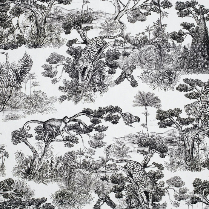 Tissu Toile de Jouy moderne noire, forêt tropicale, singes et léopards - COLLECTION ANIMALIA, par la maison Thevenon - TissusPapi.com