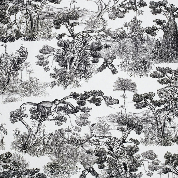 Tissu Toile de Jouy moderne noire, forêt tropicale, singes et léopards - COLLECTION ANIMALIA, par la maison Thevenon