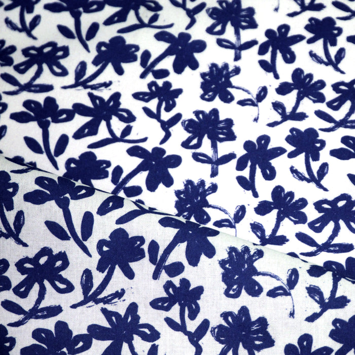 Tissu cotonnade aux fleurs japonaise & dessins à l'encre de Chine : rouge, noir, bleu - OEKO - TEX - TissusPapi.com