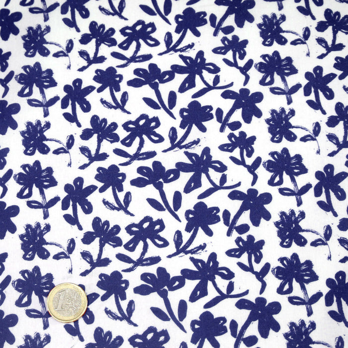 Tissu cotonnade aux fleurs japonaise & dessins à l'encre de Chine : rouge, noir, bleu - OEKO - TEX - TissusPapi.com