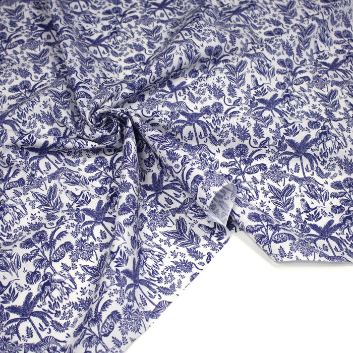 Tissu Toile de Jouy bleu forêt tropicale : cotonnade ou gabardine - OEKO - TEX - TissusPapi.com