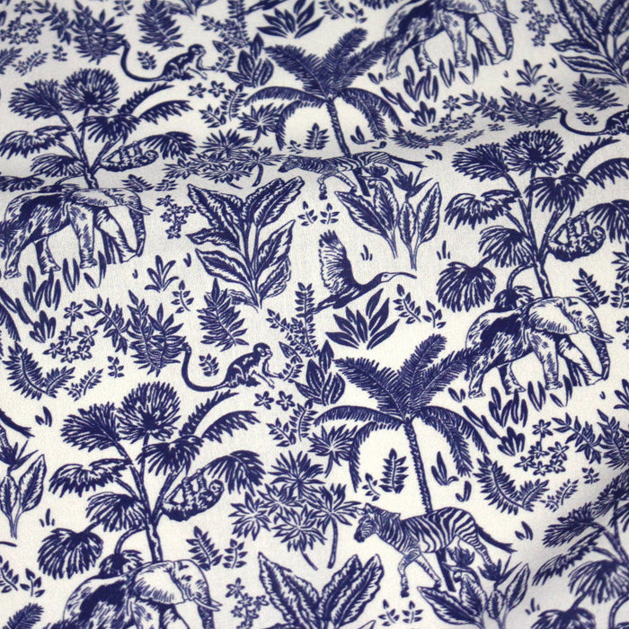 Tissu Toile de Jouy bleu forêt tropicale : cotonnade ou gabardine - OEKO - TEX - TissusPapi.com