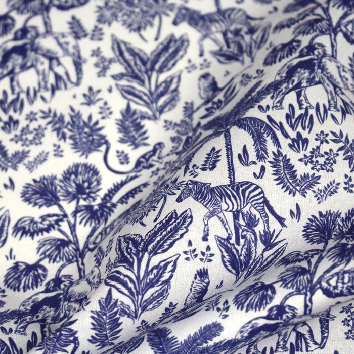 Tissu Toile de Jouy bleu forêt tropicale : cotonnade ou gabardine - OEKO - TEX - TissusPapi.com