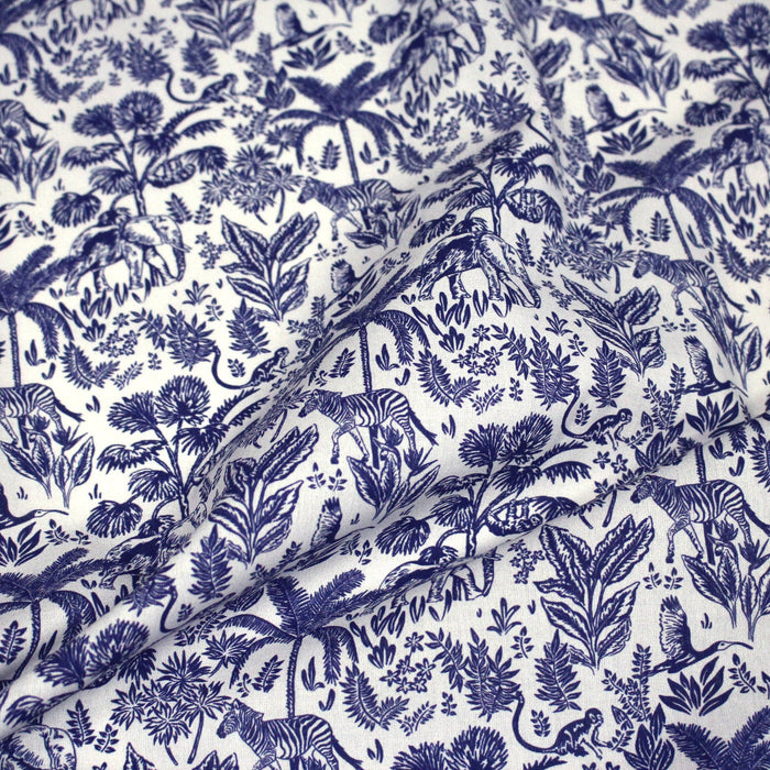 Tissu Toile de Jouy bleu forêt tropicale : cotonnade ou gabardine - OEKO - TEX - TissusPapi.com