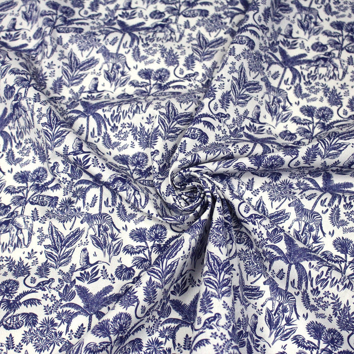 Tissu Toile de Jouy bleu forêt tropicale : cotonnade ou gabardine - OEKO - TEX - TissusPapi.com