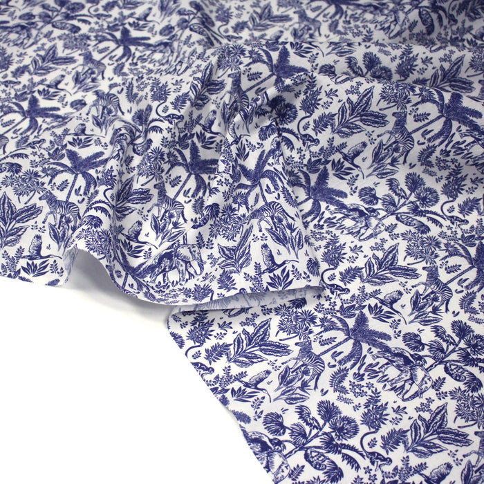 Tissu Toile de Jouy bleu forêt tropicale : cotonnade ou gabardine - OEKO - TEX - TissusPapi.com