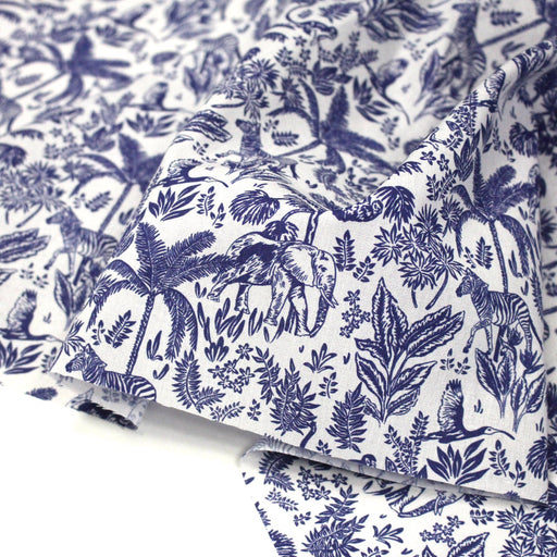 Tissu Toile de Jouy bleu forêt tropicale : cotonnade ou gabardine - OEKO - TEX - TissusPapi.com