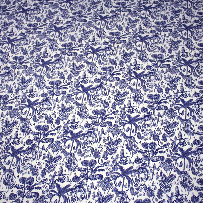 Tissu Toile de Jouy bleu forêt tropicale : cotonnade ou gabardine - OEKO - TEX - TissusPapi.com