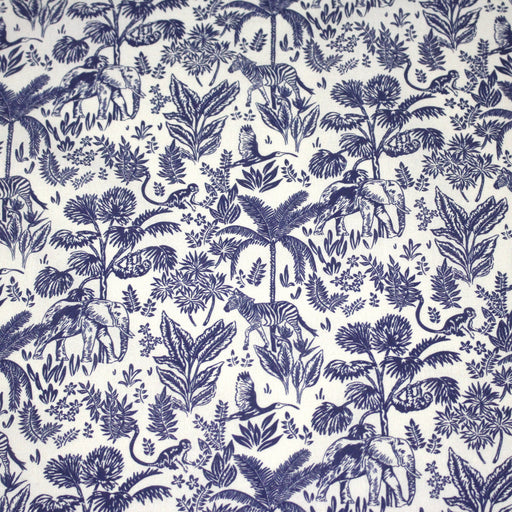Tissu Toile de Jouy bleu forêt tropicale : cotonnade ou gabardine - OEKO - TEX - TissusPapi.com