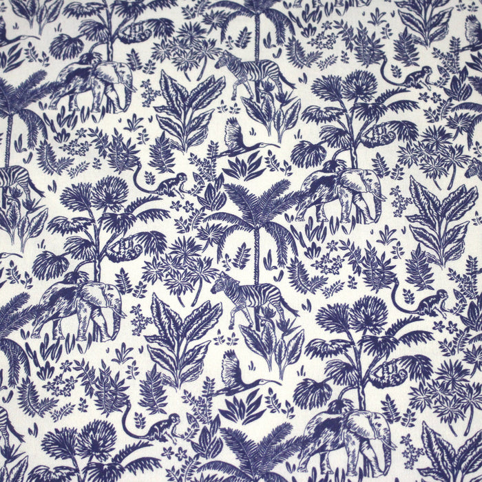 Tissu Toile de Jouy bleu forêt tropicale : cotonnade ou gabardine - OEKO - TEX - TissusPapi.com