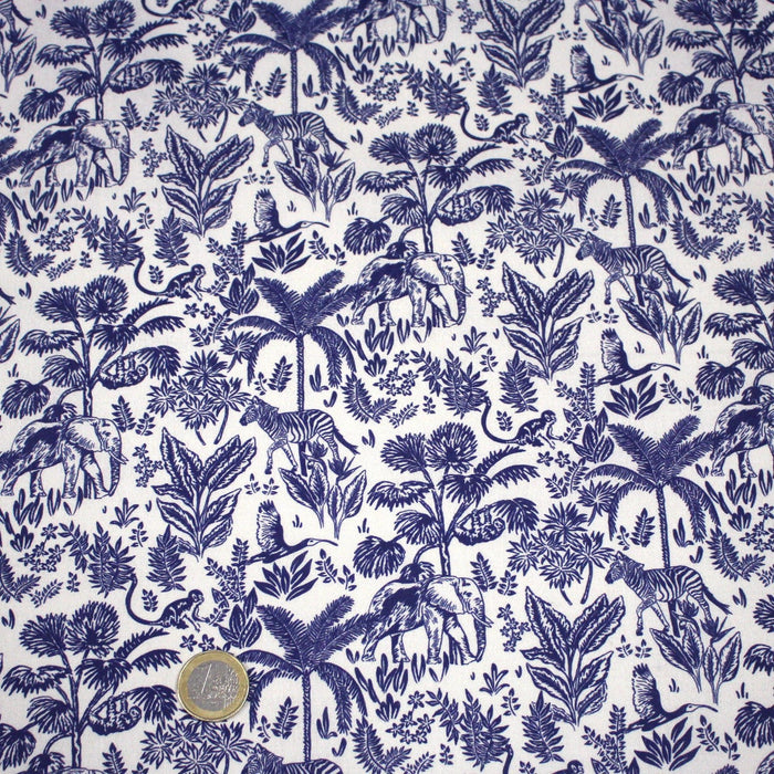 Tissu Toile de Jouy bleu forêt tropicale : cotonnade ou gabardine - OEKO - TEX - TissusPapi.com