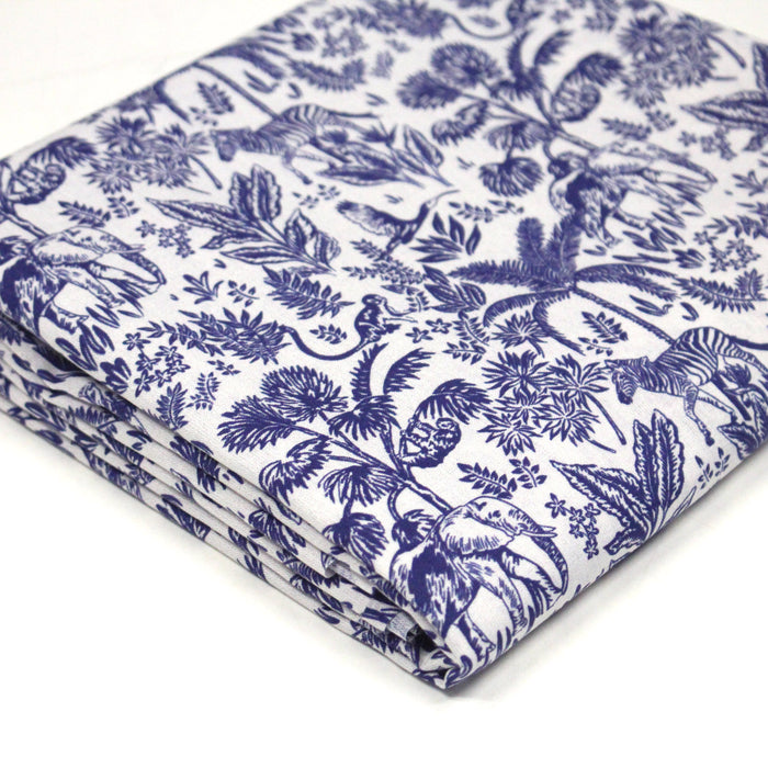 Tissu Toile de Jouy bleu forêt tropicale : cotonnade ou gabardine - OEKO - TEX - TissusPapi.com