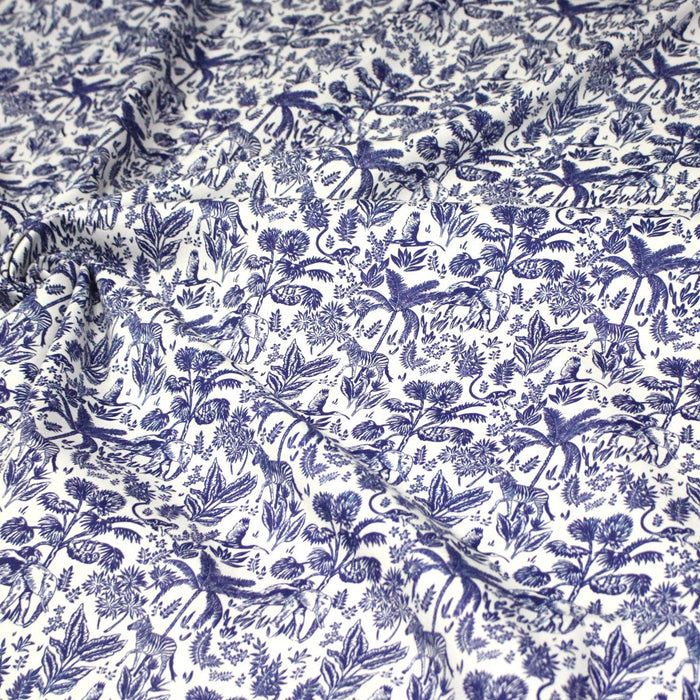 Tissu Toile de Jouy bleu forêt tropicale : cotonnade ou gabardine - OEKO - TEX - TissusPapi.com