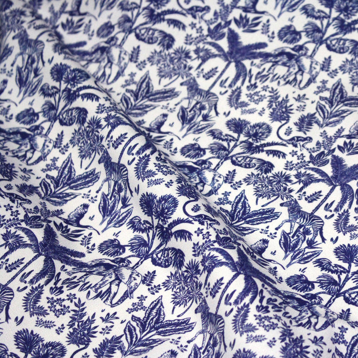 Tissu Toile de Jouy bleu forêt tropicale : cotonnade ou gabardine - OEKO - TEX - TissusPapi.com