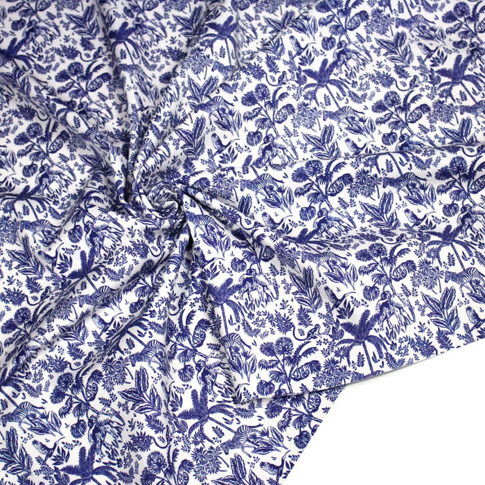 Tissu Toile de Jouy bleu forêt tropicale : cotonnade ou gabardine - OEKO - TEX - TissusPapi.com