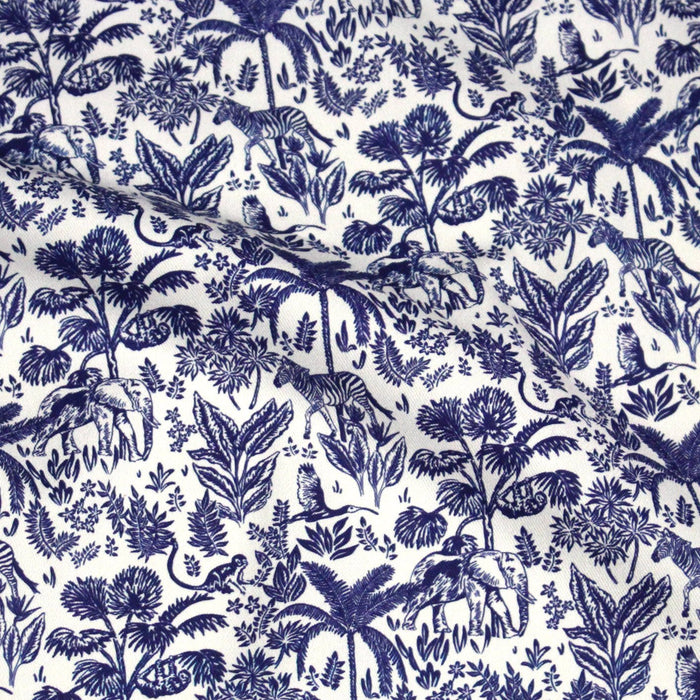 Tissu Toile de Jouy bleu forêt tropicale : cotonnade ou gabardine - OEKO - TEX - TissusPapi.com